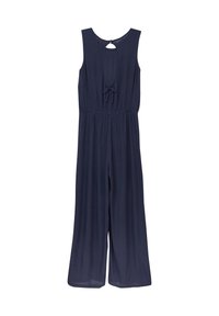 Marineblaues ärmelloses Jumpsuit mit gebundenem Taillengürtel, weitem Bein und einem Rücken-Detail mit Schlitz. Hergestellt aus leichtem Stoff.
