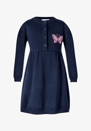 Marineblaues, langärmeliges, gestricktes Kleid mit vier Knöpfen vorne und einer pinken Schmetterlingsstickerei auf der Brust.