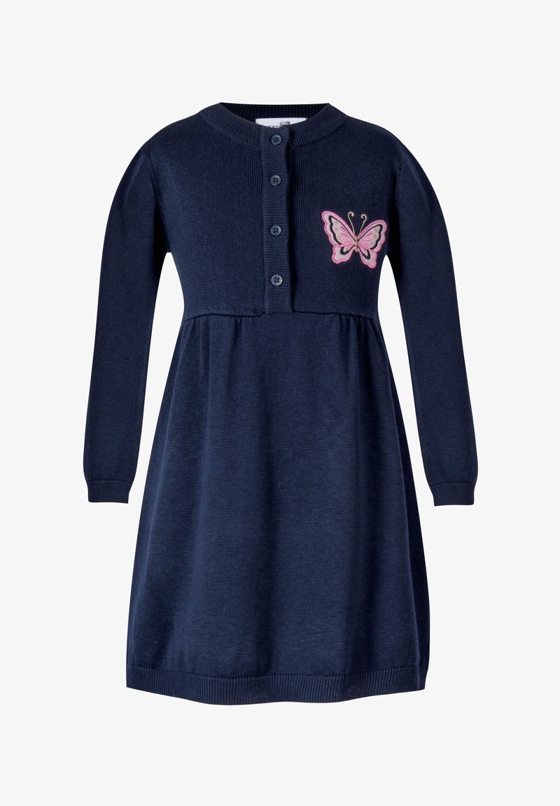 Robe en maille bleu marine à manches longues avec quatre boutons sur le devant et une broderie papillon rose sur la poitrine.