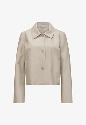 Beige cropped leather jacket with a classic collar, three buttons, and side patch pockets. Smooth texture with subtle stitching details.