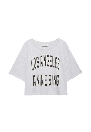 T-shirt corta grigio chiaro con scollatura ampia e testo nero "LOS ANGELES ANINE BING" sul davanti.