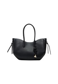 Black leather tote bag with a curved shape, two handles, and knotted detailing. Features a triangular gold charm and side ties.