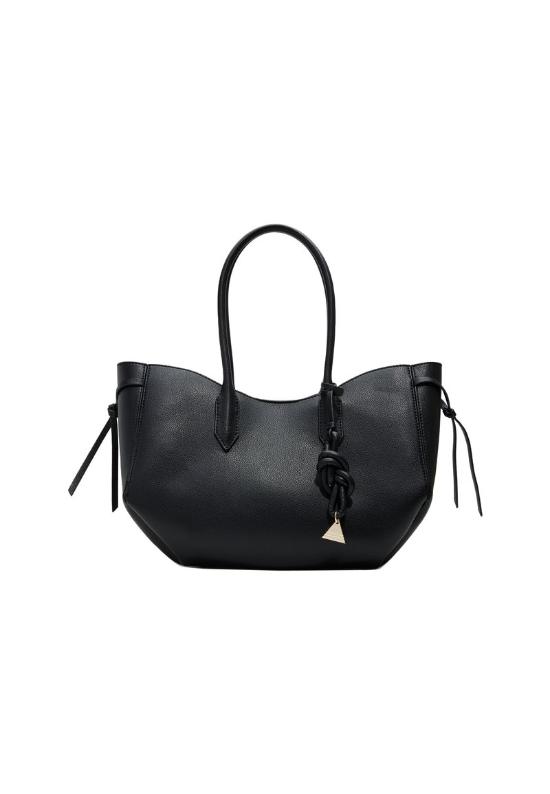 Black leather tote bag with a curved shape, two handles, and knotted detailing. Features a triangular gold charm and side ties.
