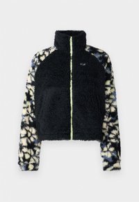 Fleece bunda s vysokým límcem, námořnická modrá tělesná část a vzorované krémové a modré rukávy. Má přední zip a decentní detail loga.