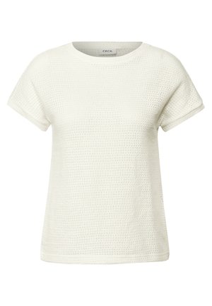 Witte top met korte mouwen, voorzien van een gestructureerd wafelontwerp en een ronde halslijn. Zachte stof met opgerolde mouwen, ontworpen voor een ontspannen pasvorm.