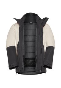 Schwarze und beige wasserdichte Jacke mit einer gepolsterten Innenseite, hohem Kragen, verstellbaren Bündchen und Reißverschlusstaschen. Mit abnehmbarem Kapuzen. 