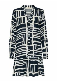 Sukienka zapinana na guziki z czarno-białym wzorem geometrycznym, wykonana z lekkiego materiału, z długimi rękawami i marszczoną talią.