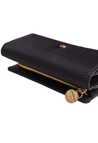 Black patterned wallet made of textured fabric, featuring a gold zipper and circular hardware with a crystal accent.