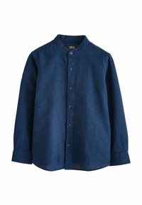 Camicia con maniche lunghe di colore blu navy, con colletto alla coreana, realizzata in tessuto morbido, con una sottile trama e bottoni evenly spaced.