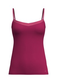 Aansluitend, mouwloos topje in een effen magenta kleur. Gemaakt van soepele stof met een V-hals en dunne, verstelbare bandjes. Subtiel merkembleem aan de zoom.