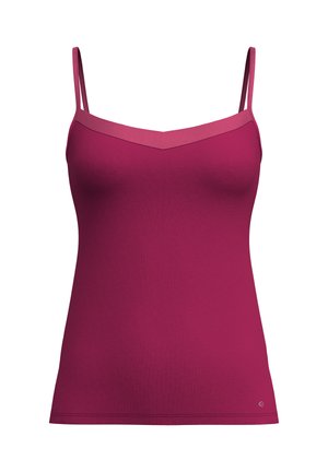Top aderente senza maniche di un solido colore magenta. Realizzato in tessuto liscio con scollatura a V e spalline sottili e regolabili. Logo del marchio discreto all'orlo.