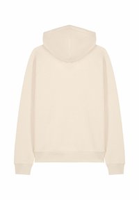 Felpa crema con un fit rilassato, dotata di cappuccio con cordino, polsini a coste e una texture liscia e morbida. Nessuna grafica o motivo visibile.