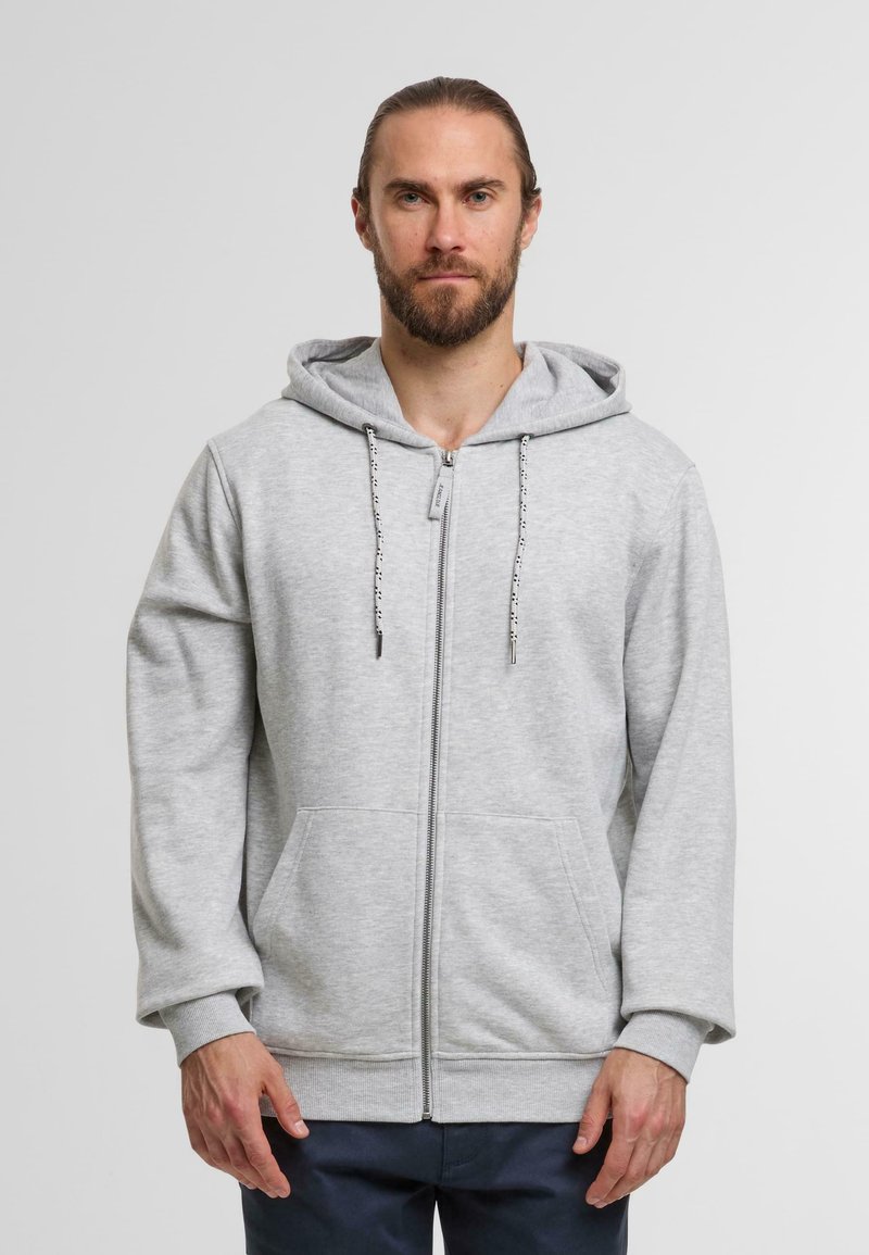 Gray zip-up hoodie with a drawstring hood, front pockets, and ribbed cuffs. Soft fabric with a smooth texture. Simple, casual design.
