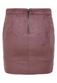 Mini gonna in finta suede viola con chiusura a zip, dalla texture liscia, vita alta e linee pulite. Presenta tasche laterali e dettagli cuciti.