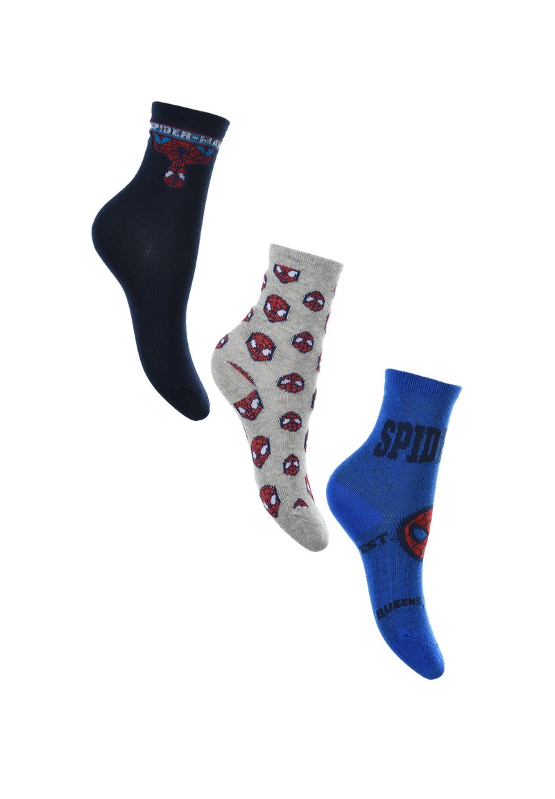 Drei Paare Socken: dunkelblau mit Spider-Man-Logo, grau mit wiederholten Spider-Man-Köpfen und blau mit "SPIDEY"-Text und Logo-Akzenten.