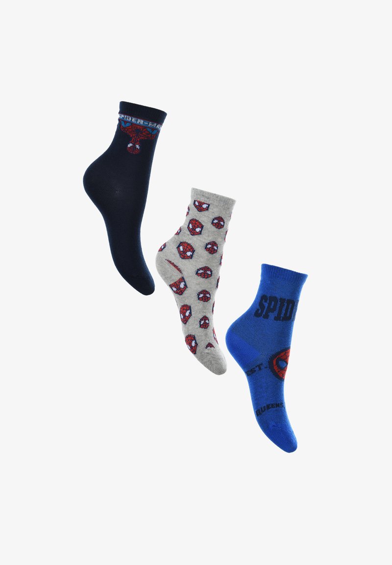 Drei Paare Socken: dunkelblau mit Spider-Man-Logo, grau mit wiederholten Spider-Man-Köpfen und blau mit "SPIDEY"-Text und Logo-Akzenten.