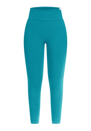 Teal korkeavyötäröiset saumattomat legginsit, joissa on leveä ribbivyötärö, kapea malli ja nilkkapituisuus.
