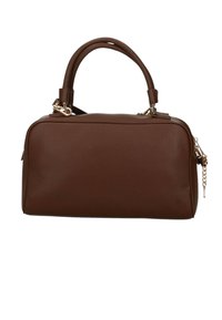 Braune Lederhandtasche mit strukturierter Oberfläche, zwei abgerundeten Griffen, Reißverschluss und silberner Kettenakzent an einer Seite.