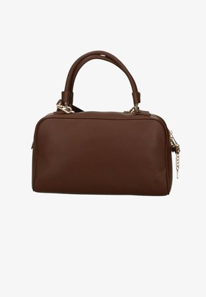 Braune Lederhandtasche mit strukturierter Oberfläche, zwei abgerundeten Griffen, Reißverschluss und silberner Kettenakzent an einer Seite.