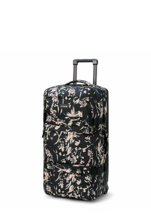 Maleta con ruedas con un patrón floral negro, que cuenta con dos bolsillos frontales, un mango telescópico y material de tela duradera.