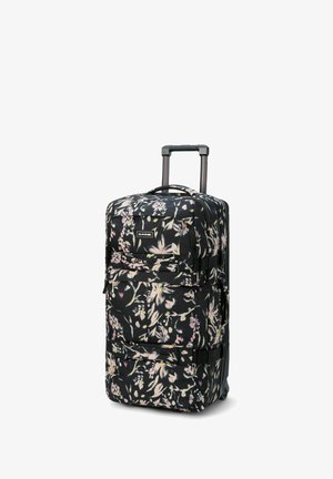 Rollkoffer mit einem schwarzen Blumenmuster, ausgestattet mit zwei Vordertaschen, einem teleskopischen Griff und strapazierfähigem Stoffmaterial.
