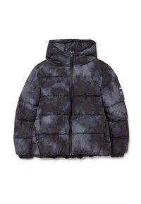 Giacca a soffietto nera con effetto tie-dye, dotata di cappuccio, chiusura a zip e polsini elasticizzati. Forma boxy con cuciture orizzontali.