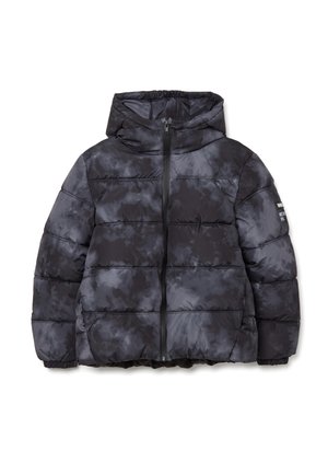 Schwarze Pufferjacke mit einem Batik-Effekt, ausgestattet mit einer Kapuze, Reißverschluss und elastischen Bündchen. Boxy-Form mit horizontalen Nähten.