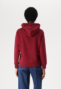 Sudadera roja con diseño ajustado, puños y dobladillo acanalados, y capucha con cordón. Llevada con jeans azules holgados, mostrada desde la parte de atrás.