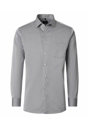 Long-sleeve, light gray dress shirt with a front pocket, button closure, and classic collar, displayed on a plain white background.