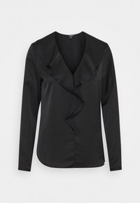 Svart långärmad blus i ett mjukt tyg med V-ringning och volangdesign fram, med en mjuk textur och en skräddarsydd passform.