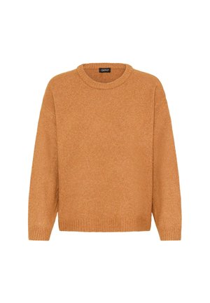 Hellorange gestrickter Pullover mit rundem Halsausschnitt, langen Ärmeln und ribbeligem Saum. Weiche Textur mit lockerer Passform, ideal für Freizeitkleidung.
