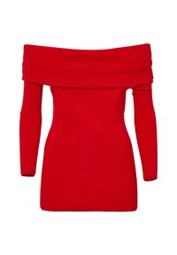 Haut tricoté rouge à épaule dénudée avec des manches longues, texture côtelée, design ajusté et col rabattu. Sans ornements ni motifs.