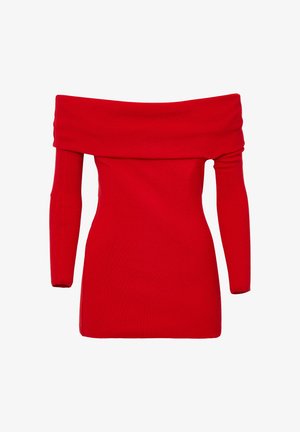 Rotes, schulterfreies Strickoberteil mit langen Ärmeln, gerippter Textur, taillierter Passform und umgeschlagenem Kragen. Ohne Verzierungen oder Muster.