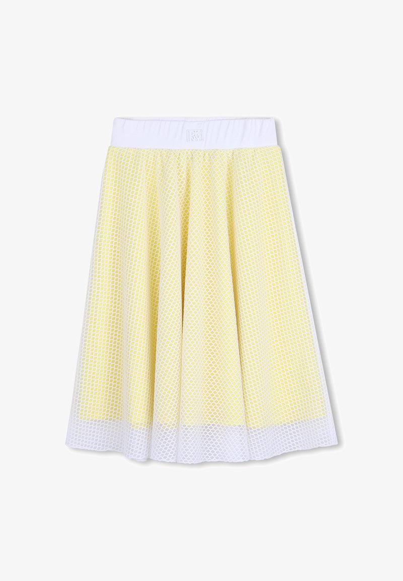 Jupe jaune en ligne A avec superposition en mesh blanc et large ceinture blanche, longueur au genou, motif texturé.