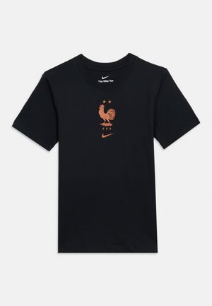 Tricou negru Nike cu mâneci scurte, cu un cocoș cupru, trei stele, textul „FFF” și logo-ul Nike swoosh centrate pe piept.