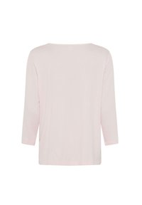 Helles rosa, langärmliges Shirt mit weitem Ausschnitt und geradem Saum. Glatte Textur, einfaches Design und keine sichtbaren Muster oder Hardware.
