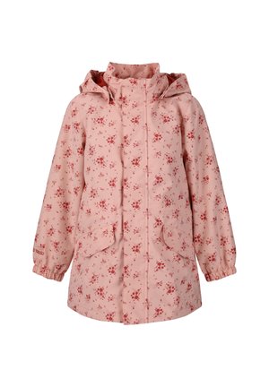 Veste imperméable rose clair avec un motif floral en rouge, dotée d'une capuche, de poignets élastiques et de deux poches avant. Texture lisse.