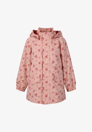 Lyserød vandtæt jakke med et blomsterdesign i rød, udstyret med hætte, elastiske manchetter og to forlommer. Glat tekstur.