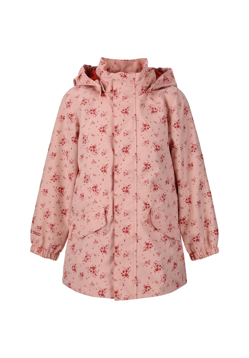 Ljusrosa vattentät jacka med blommönster i rött, med huva, elastiska ärmslut och två framfickor. Slät textur.