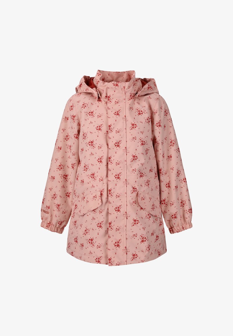 Vaaleanpunainen vedenpitävä takki kukkakuviolla punaisena, jossa on huppu, joustavat hihansuut ja kaksi etutaskua. Suuri silkkinen rakenne.