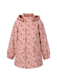 Roze regenjas met rood bloemmotief, capuchon, elastische manchetten en twee voorzakken. Gemaakt van waterafstotend materiaal.