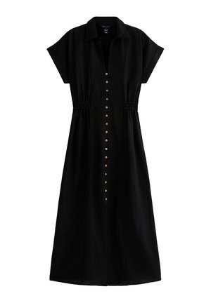 Vestido negro de manga corta con cuello, con un cierre frontal de botones y una cintura elástica. Hecho de una tela texturada, tiene un corte holgado.
