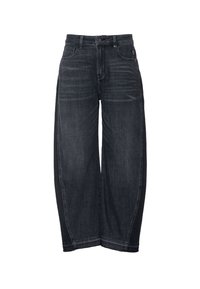 Svart vid bukse i denim med en lett falmet overflate, utstyrt med knappelukking foran, beltehemper og klassisk design med fem lommer.