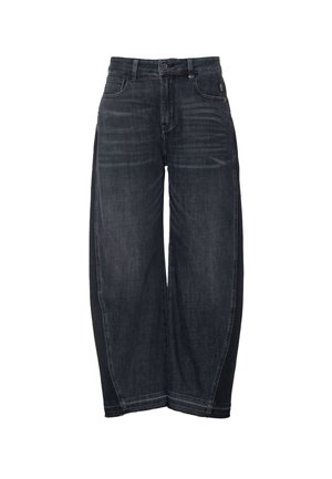 Szerokie czarne spodnie dżinsowe z lekko spranym wykończeniem, wyposażone w zapięcie na guziki z przodu, szlufki na pasek oraz klasyczny design z pięcioma kieszeniami.