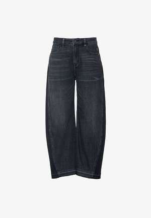 Szerokie czarne spodnie dżinsowe z lekko spranym wykończeniem, wyposażone w zapięcie na guziki z przodu, szlufki na pasek oraz klasyczny design z pięcioma kieszeniami.