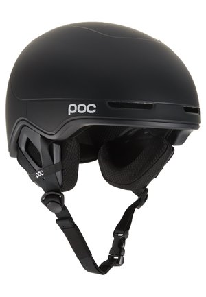 Black helmet with smooth matte finish, adjustable straps, padded interior, and ventilation holes. Features "poc" branding on the side.