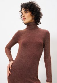 Langärmliges, Rollkragenkleid aus schimmerndem Bronze-Stoff. Enganliegendes Design mit gerippter Textur und seitlichen Schlitzen. Der Hintergrund ist einfarbig.
