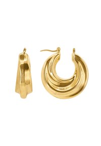 Gullfargede metalldråpesmykker med en buet, blank design. Den ene dråpen er flat, mens den andre har en tredimensjonal, avrundet form.