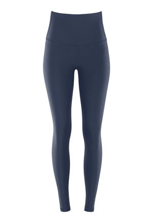 High-waisted navy leggings made from stretchable fabric, featuring a smooth texture and a fitted silhouette.