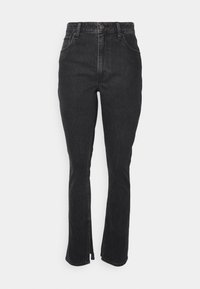 Black denim jeans with a high waist, slim fit, and slight flared hem. Features front pockets and a zipper fly with a button closure.